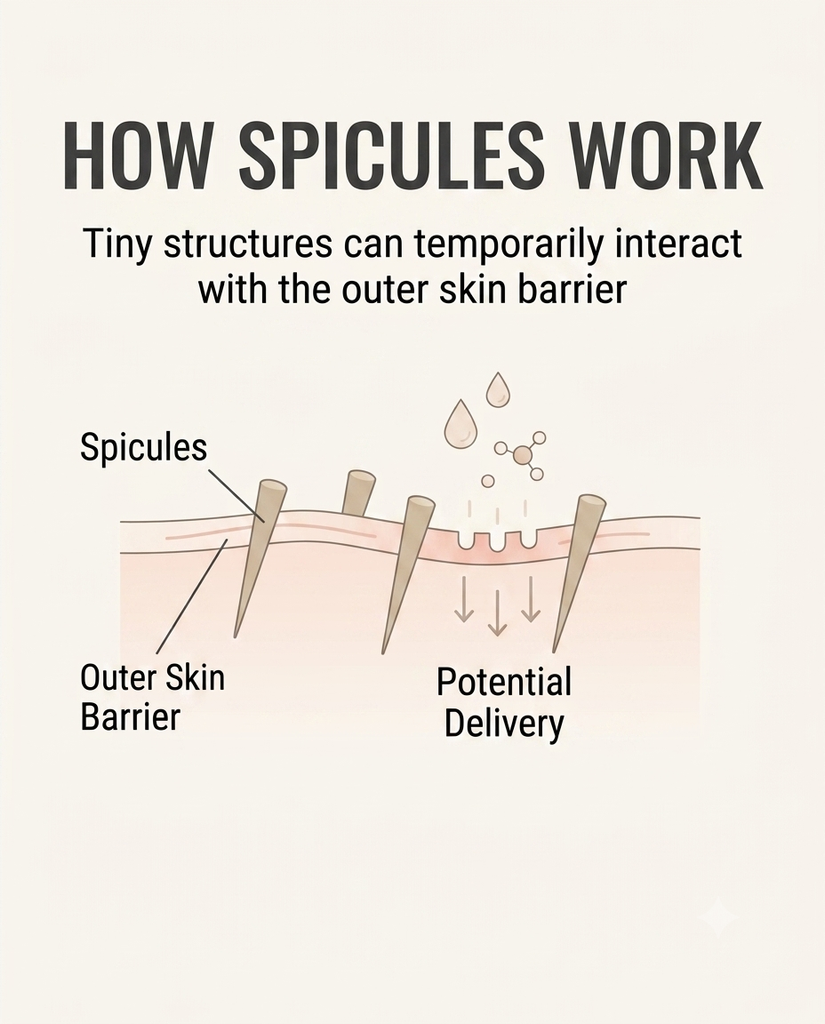 Diagram showing how skincare spicules may interact with the outer skin barrier and support potential ingredient delivery