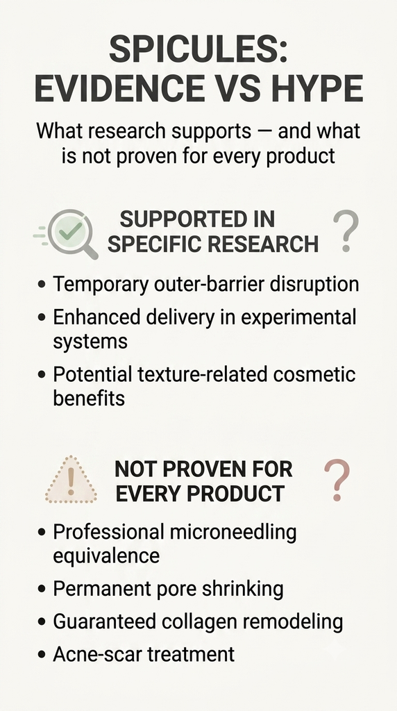 Spicule skincare infographic comparing research-supported effects with claims not proven for every product