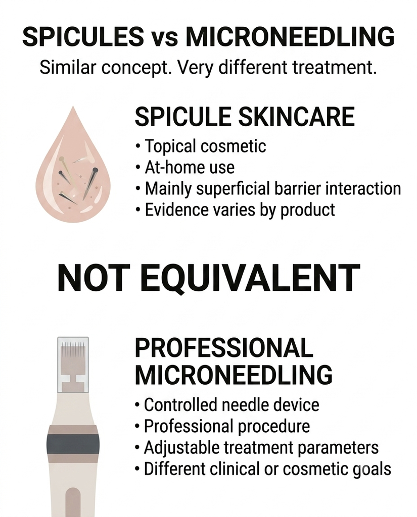 Comparison infographic showing the differences between topical spicule skincare and professional microneedling
