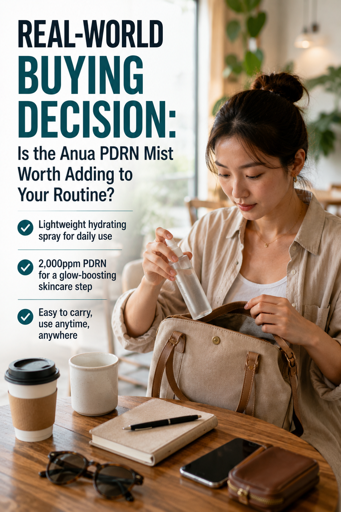 Anua PDRN facial serum mist shown as a portable hydration and makeup refresh product