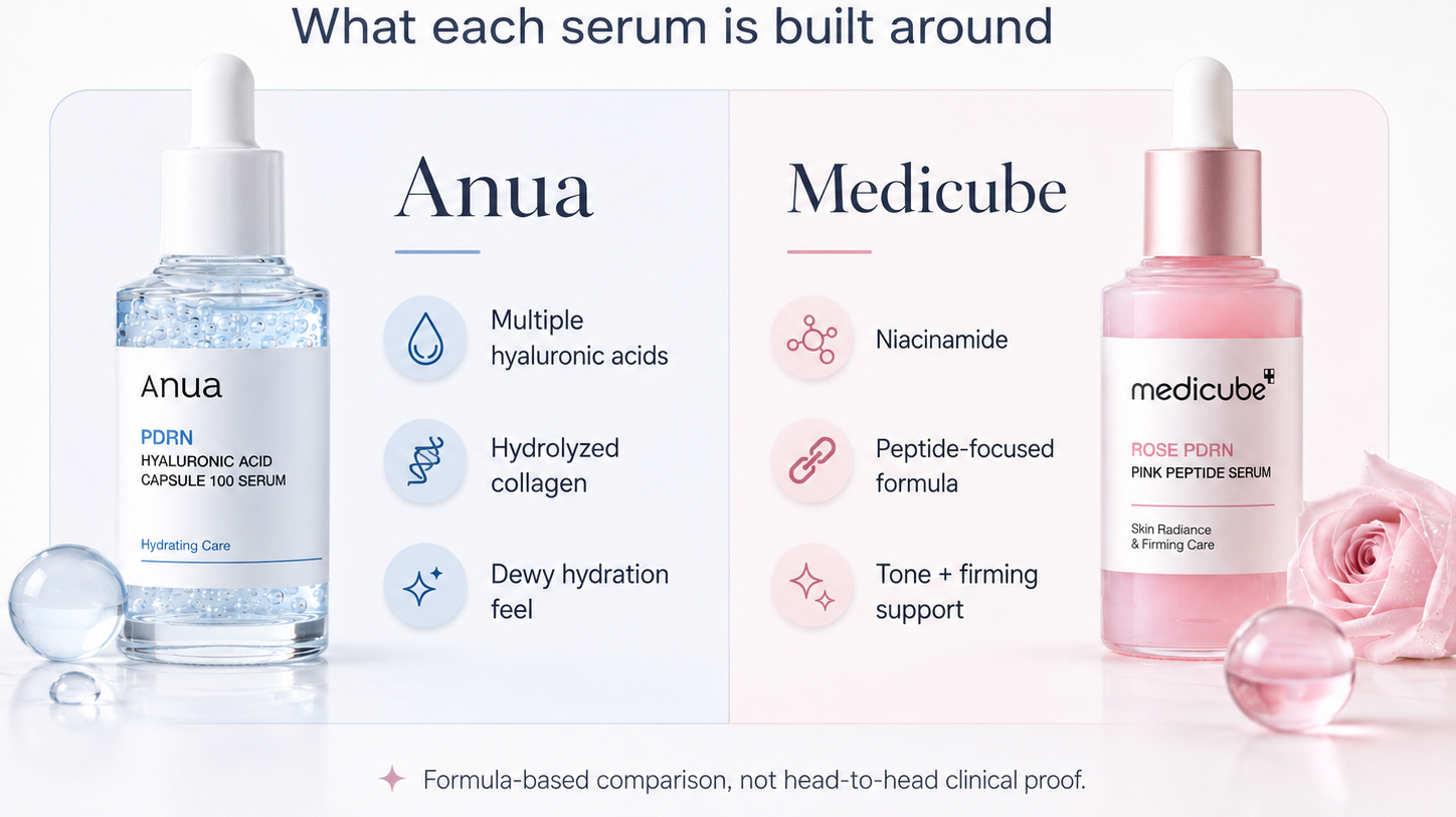 Anua and Medicube PDRN serum formula comparison with hyaluronic acid niacinamide and peptides