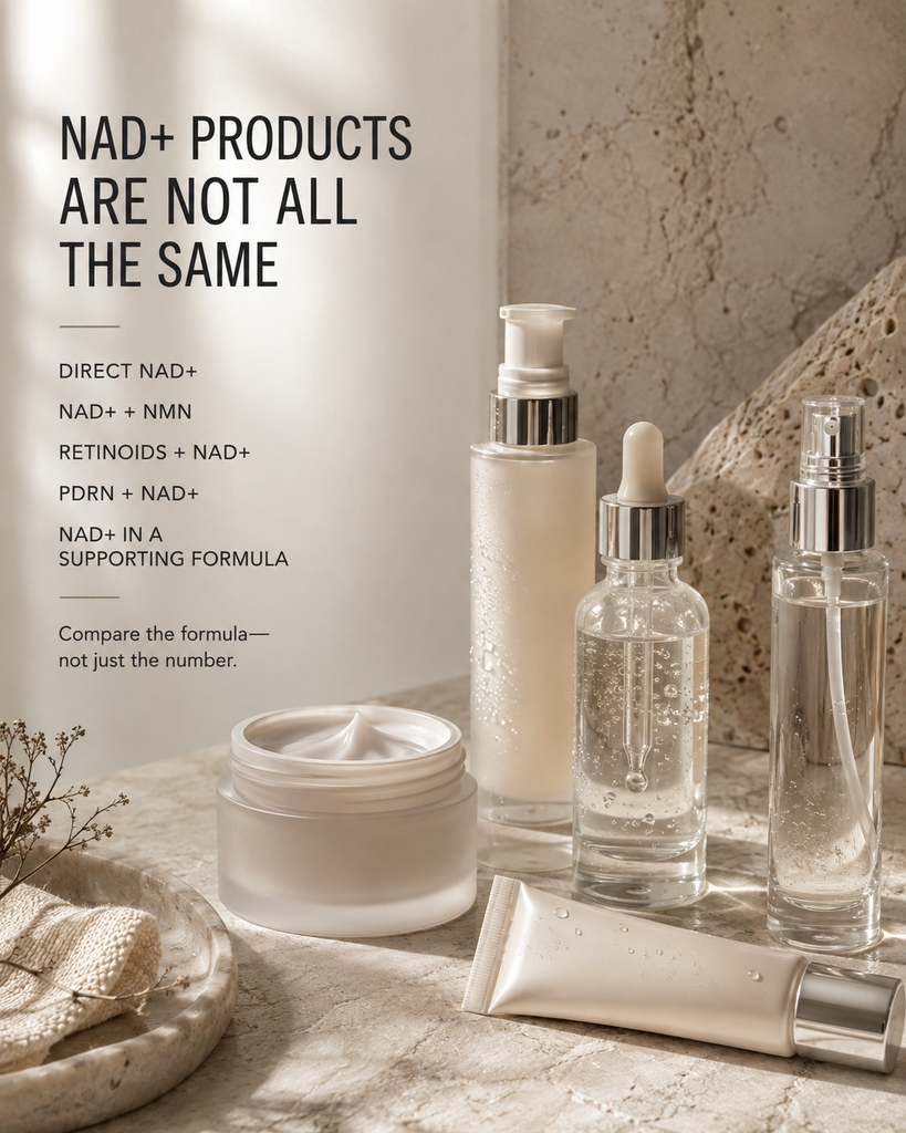 Guide showing different formulation strategies used in NAD plus Korean skincare products
