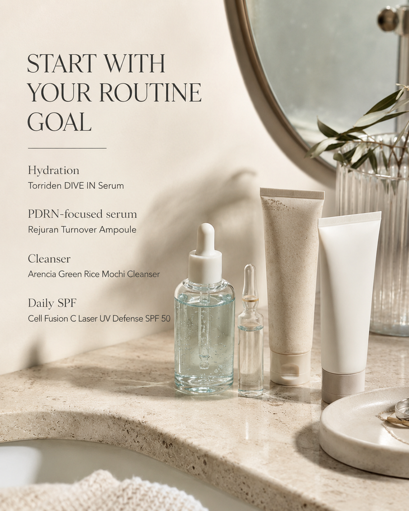 Shopping guide matching selected Olive Young Sephora products to hydration PDRN cleansing and daily sunscreen needs

