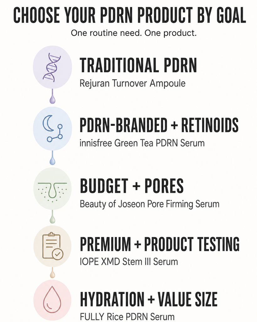 Guide matching Sephora PDRN skincare products to traditional PDRN retinoids pores product testing and hydration goals
Insert Position: