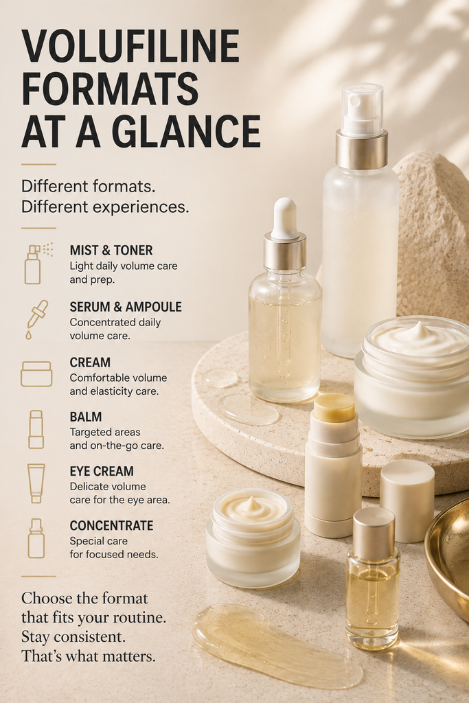 Volufiline skincare formats including spray serum balm eye cream moisturizer and concentrate
