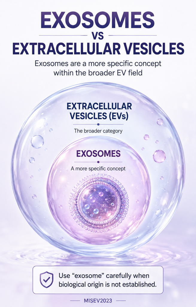 Infographic explaining the difference between exosomes and the broader extracellular vesicle category