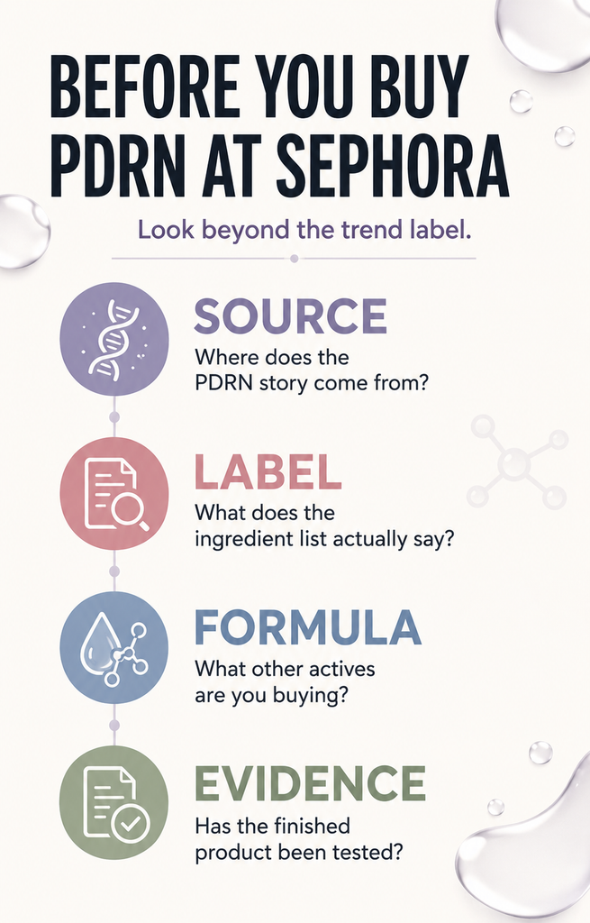 Checklist for evaluating PDRN skincare at Sephora by source ingredient label formula and finished product evidence