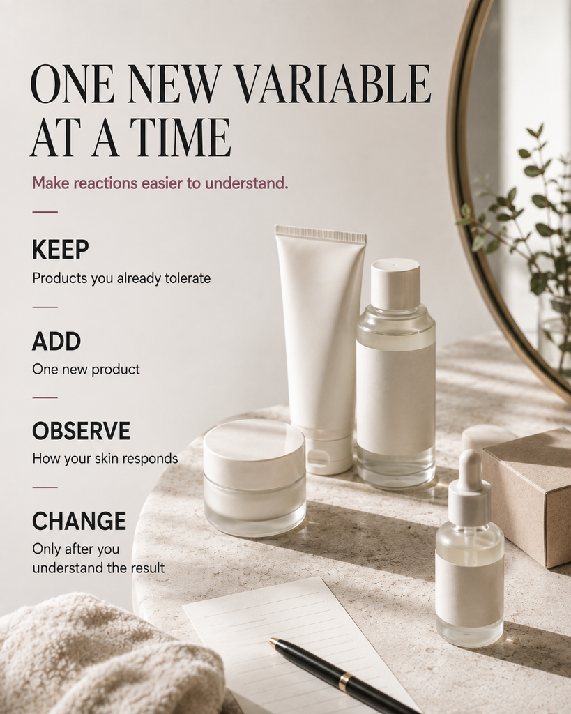 Guide showing how to introduce one new skincare product at a time for sensitive skin
