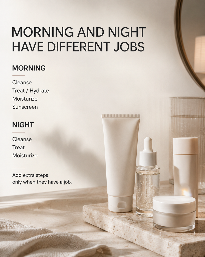 Morning and evening Korean skincare routine order showing sunscreen as the final daytime skincare step

