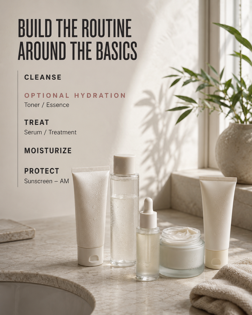 Korean skincare routine order from cleansing through treatment moisturizer and morning sunscreen
