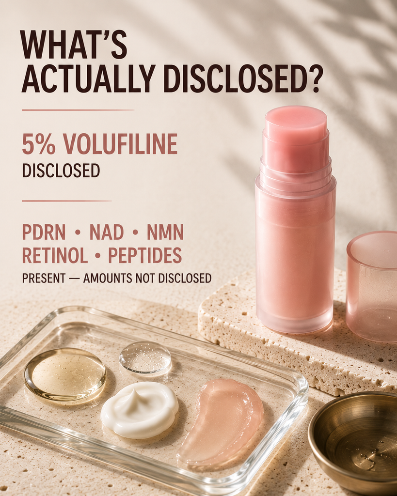 Medicube PDRN Multi Balm ingredients showing disclosed 5% Volufiline and undisclosed amounts for PDRN NAD NMN retinol and peptides