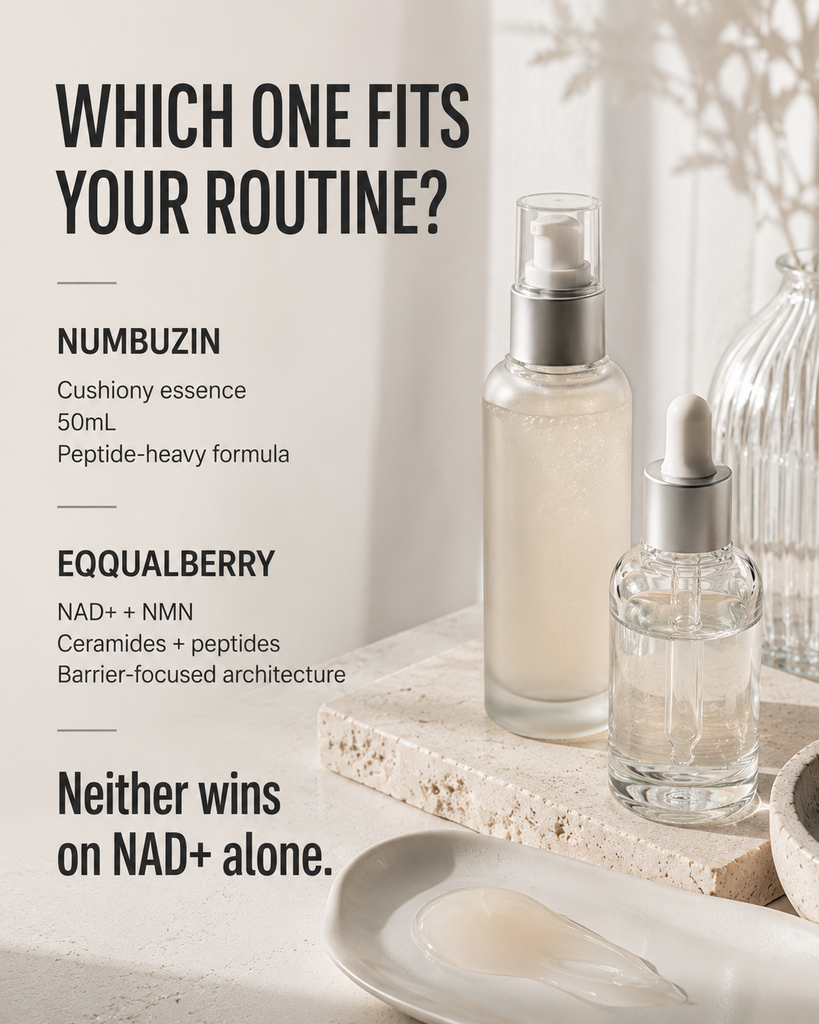 numbuzin NAD+ vs EQQUALBERRY NAD+ comparison by formula and routine preference
