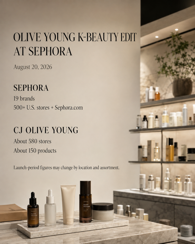 Infographic explaining the August 2026 Olive Young K-Beauty Edit launch at Sephora and reported rollout figures

