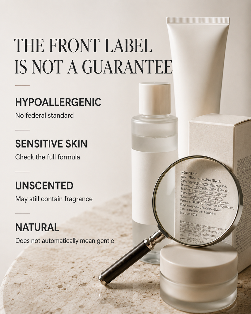 Guide explaining sensitive skin hypoallergenic unscented and natural skincare label claims
