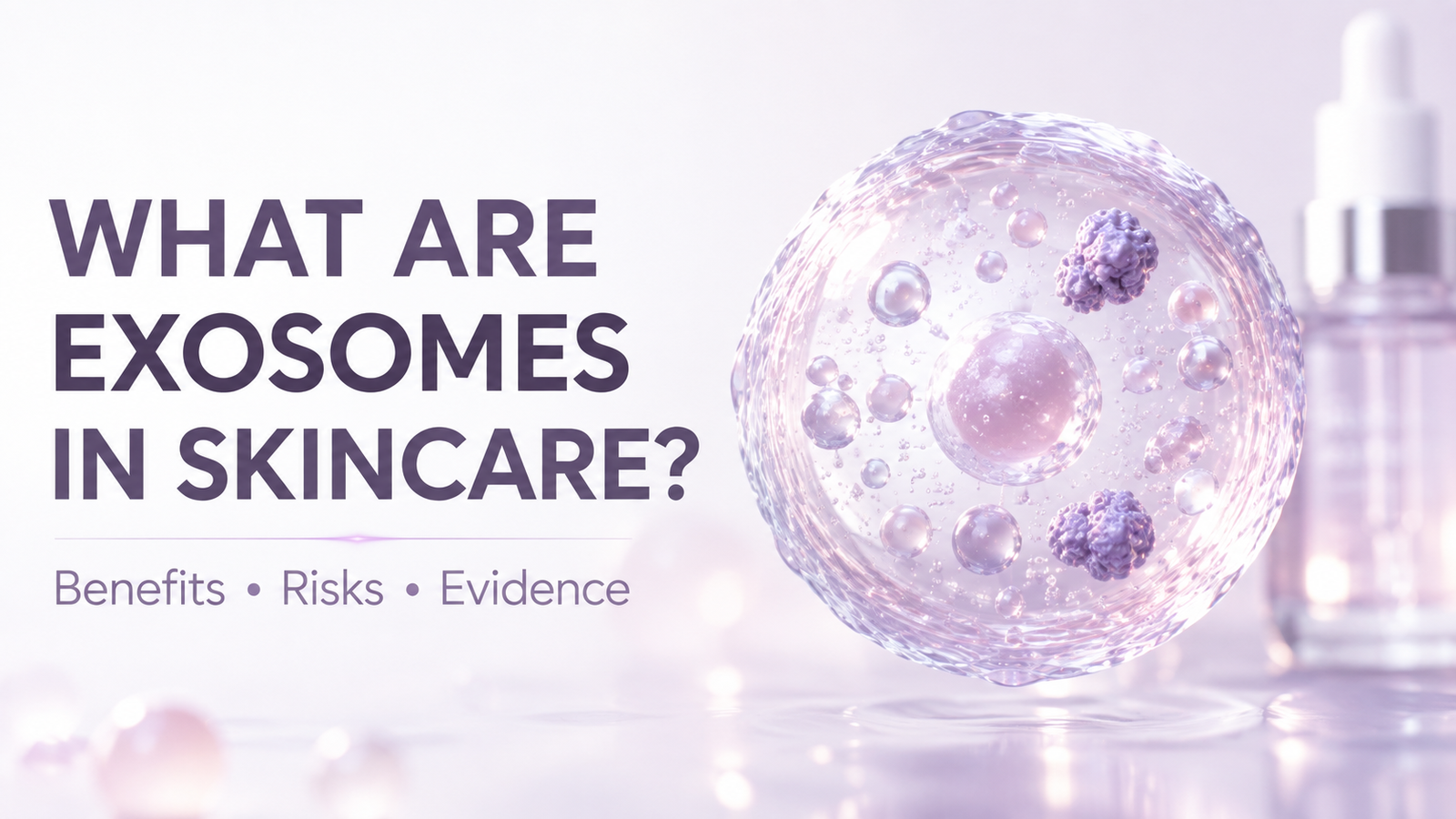 Editorial illustration introducing exosomes in skincare and their potential benefits risks and evidence