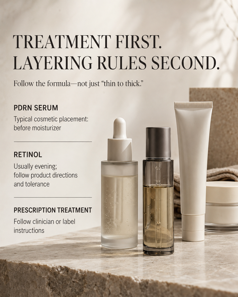 Guide explaining where PDRN retinol and treatment products fit into a Korean skincare routine