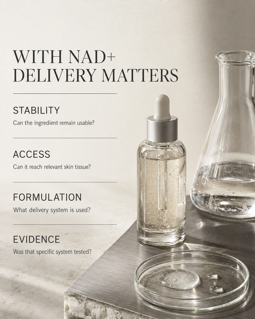 Guide explaining why stability formulation and skin delivery matter in NAD plus skincare