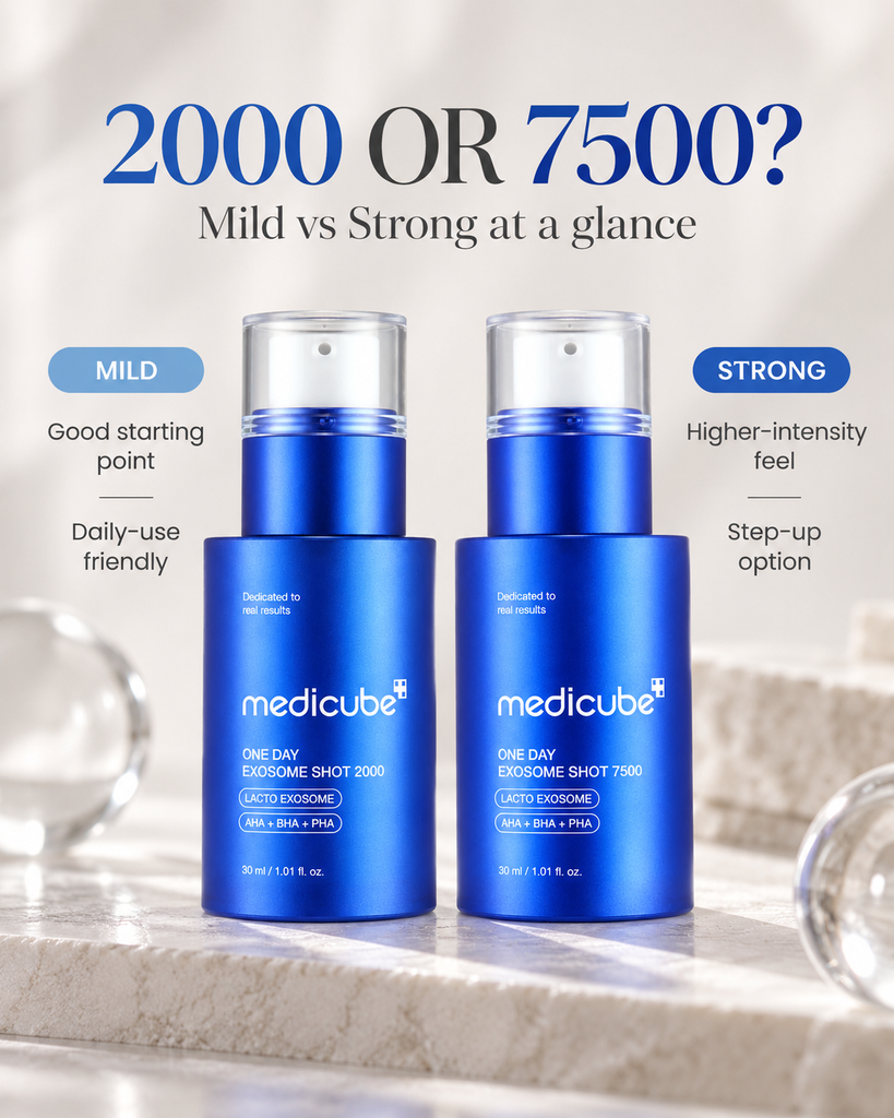 Medicube Exosome Shot 2000 or 7500 Mild vs Strong comparison