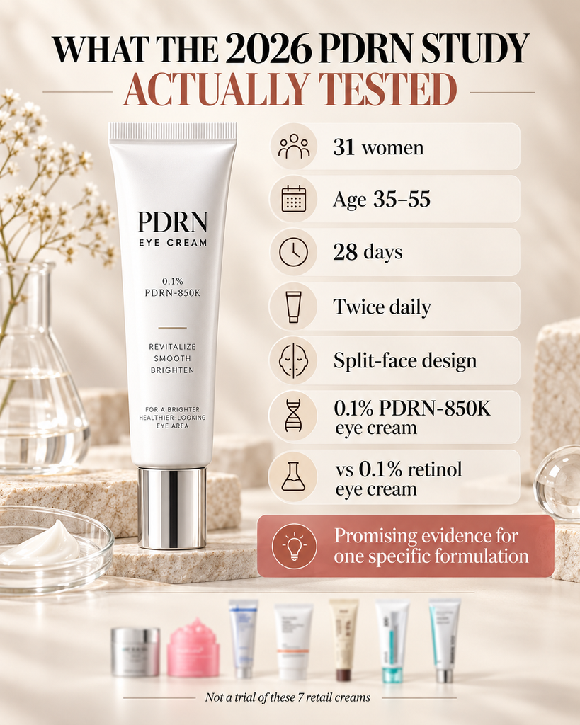 2026 topical PDRN study comparing 0.1% PDRN-850K and 0.1% retinol eye creams over 28 days