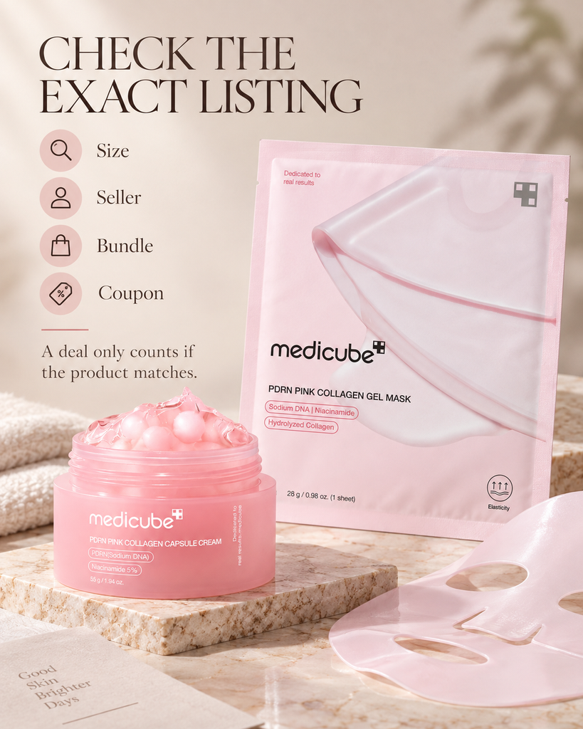 Medicube buying checklist showing size seller bundle and coupon with PDRN skincare products