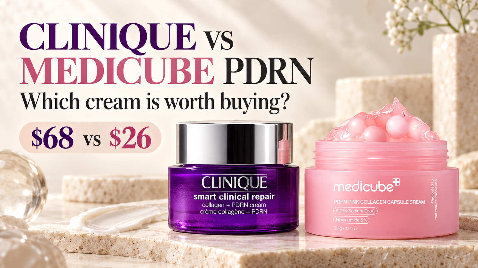 Clinique PDRN cream and Medicube PDRN cream comparison showing which cream is worth buying
