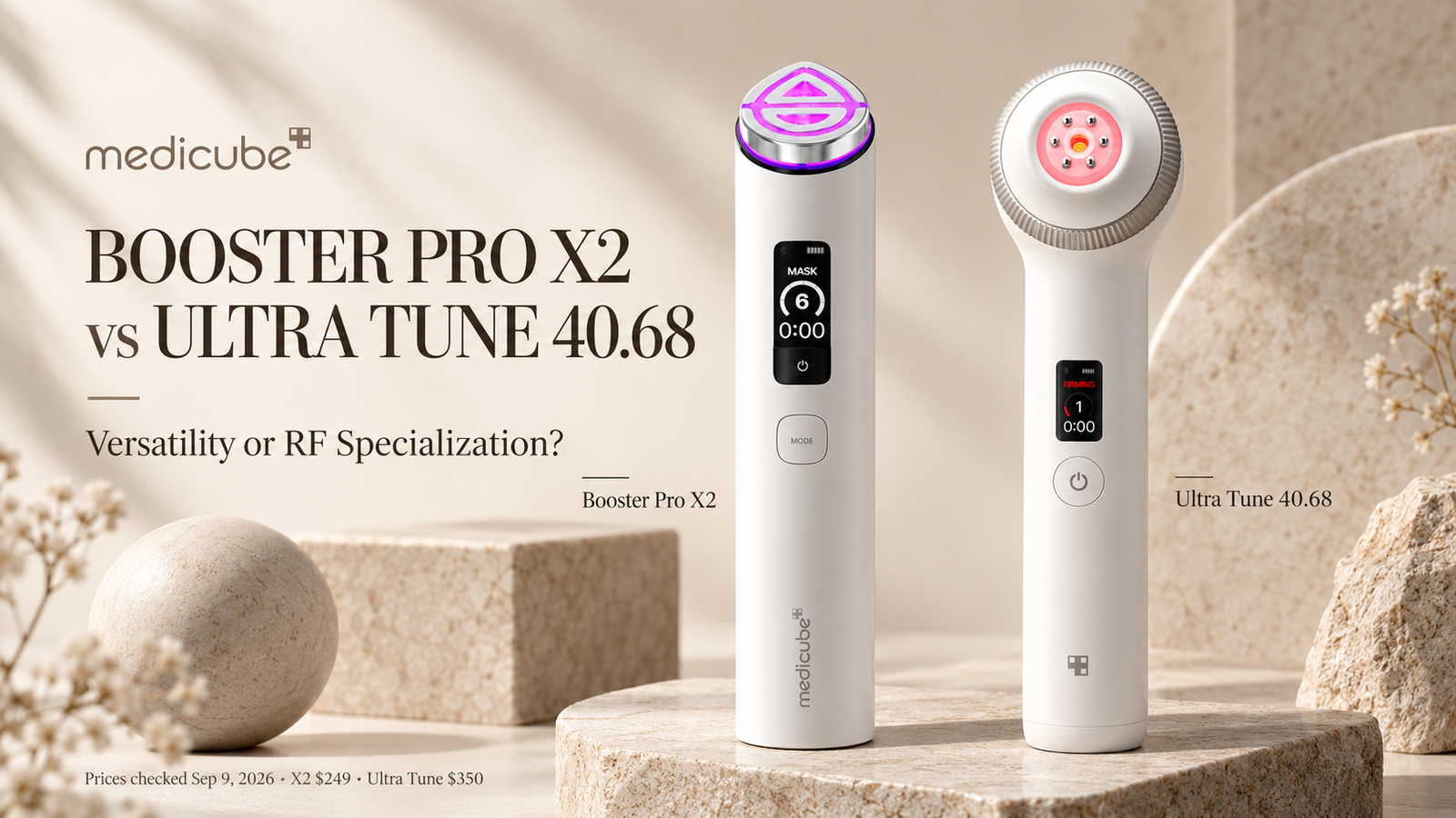 Medicube Booster Pro X2 vs Ultra Tune 40.68 comparison for versatility and RF-focused firming