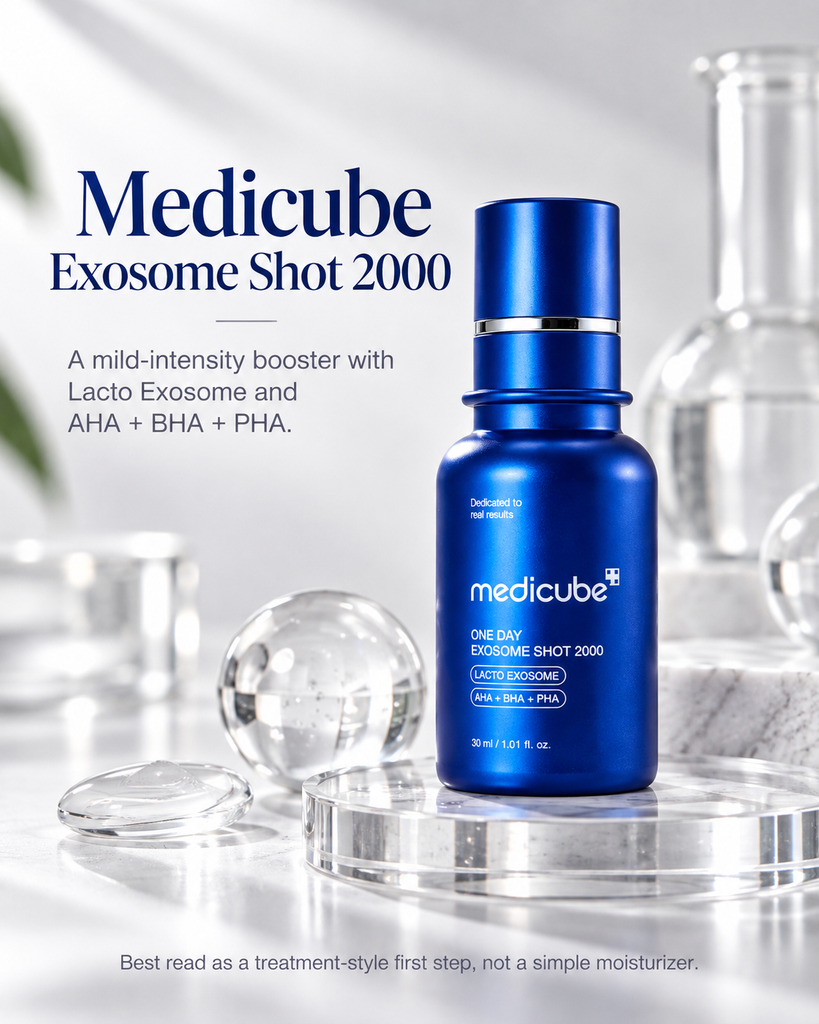 Medicube Exosome Shot 2000 formula with Lacto Exosome and AHA BHA PHA positioning
