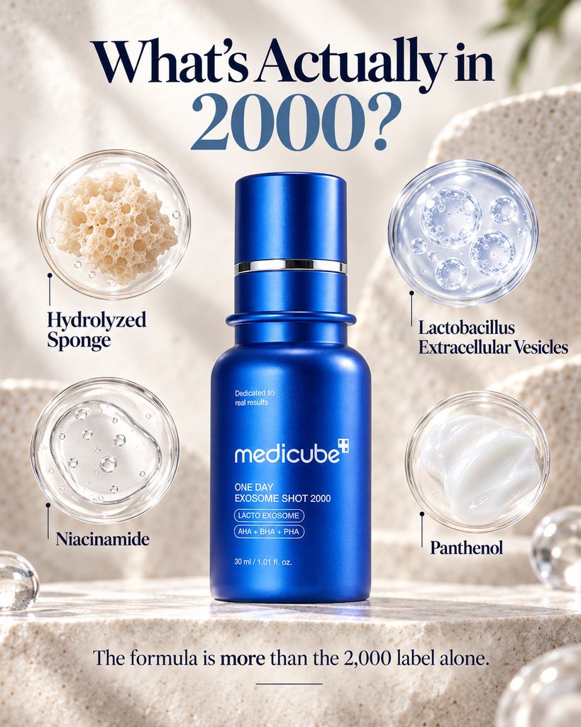 Medicube Exosome Shot 2000 ingredients including Hydrolyzed Sponge and Lactobacillus Extracellular Vesicles