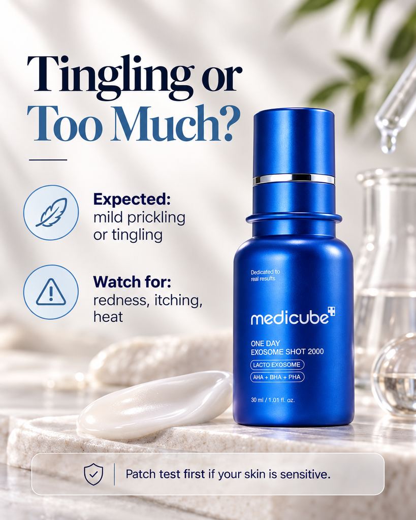 Medicube Exosome Shot 2000 tingling guide showing expected prickling and irritation warning signs