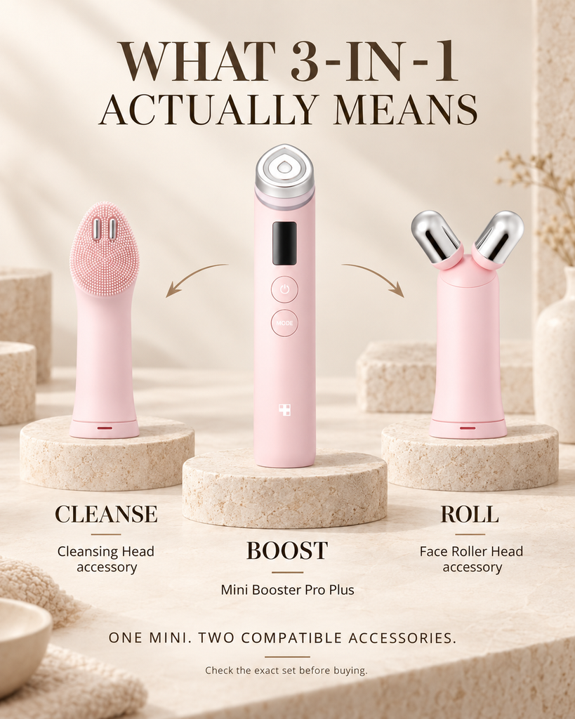 Medicube Mini Booster Pro Plus with compatible Cleansing Head and Face Roller Head accessories