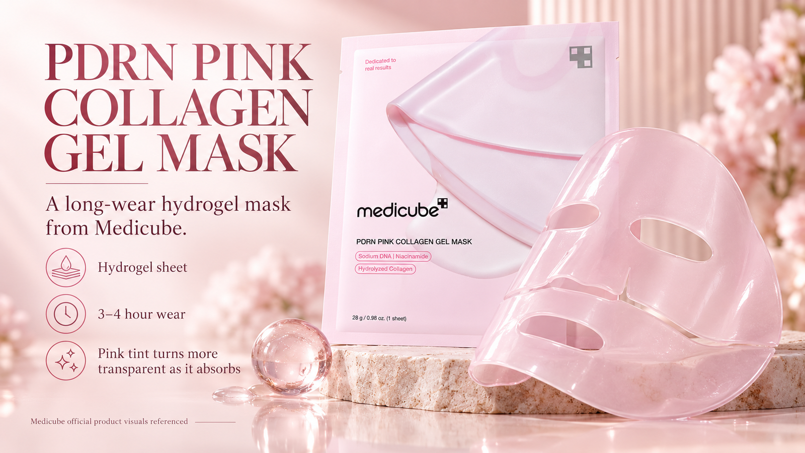 Medicube PDRN Pink Collagen Gel Mask review featuring the pink hydrogel mask and product packaging