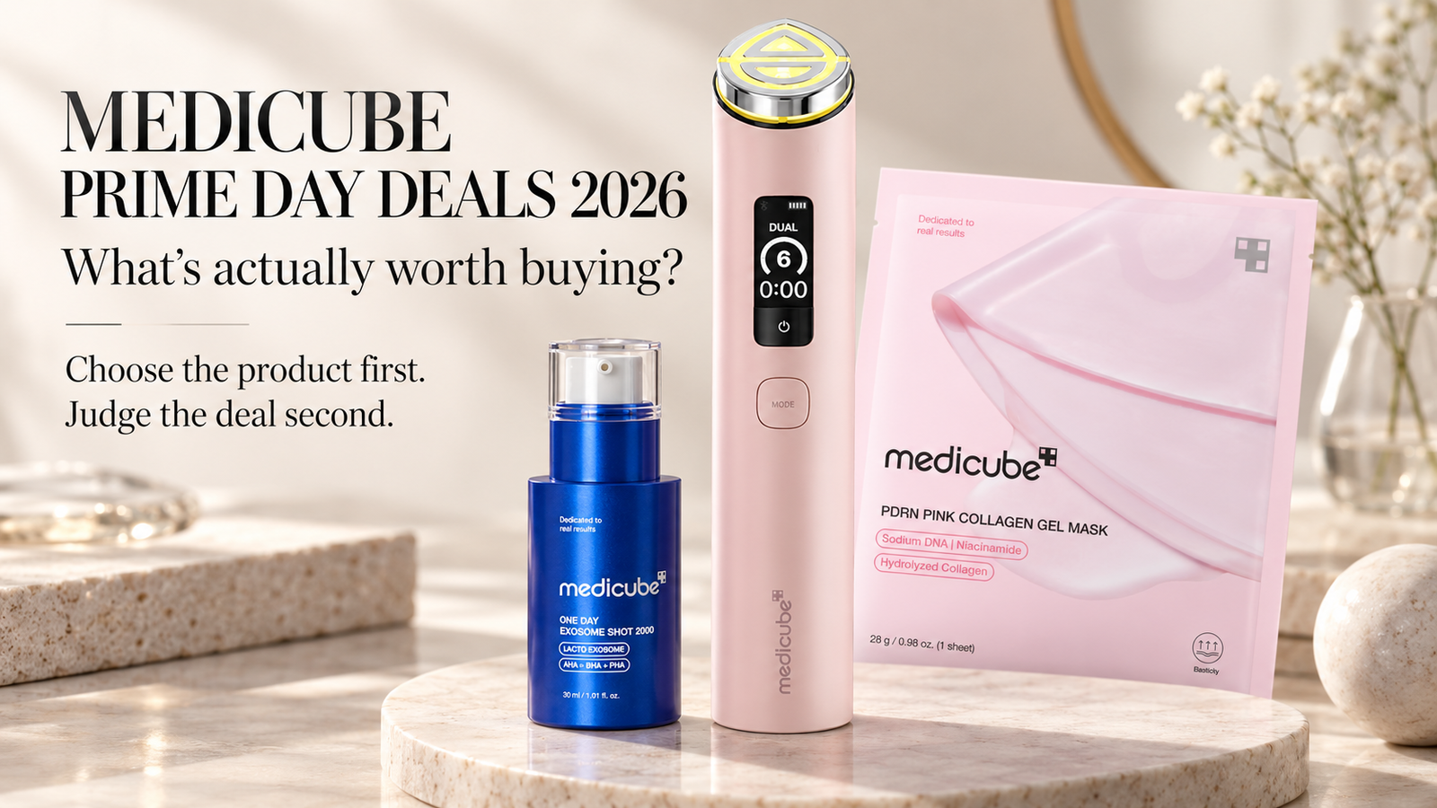 Medicube Prime Day Deals 2026 guide featuring Booster Pro X2, Exosome Shot 2000, and PDRN Pink Collagen Gel Mask