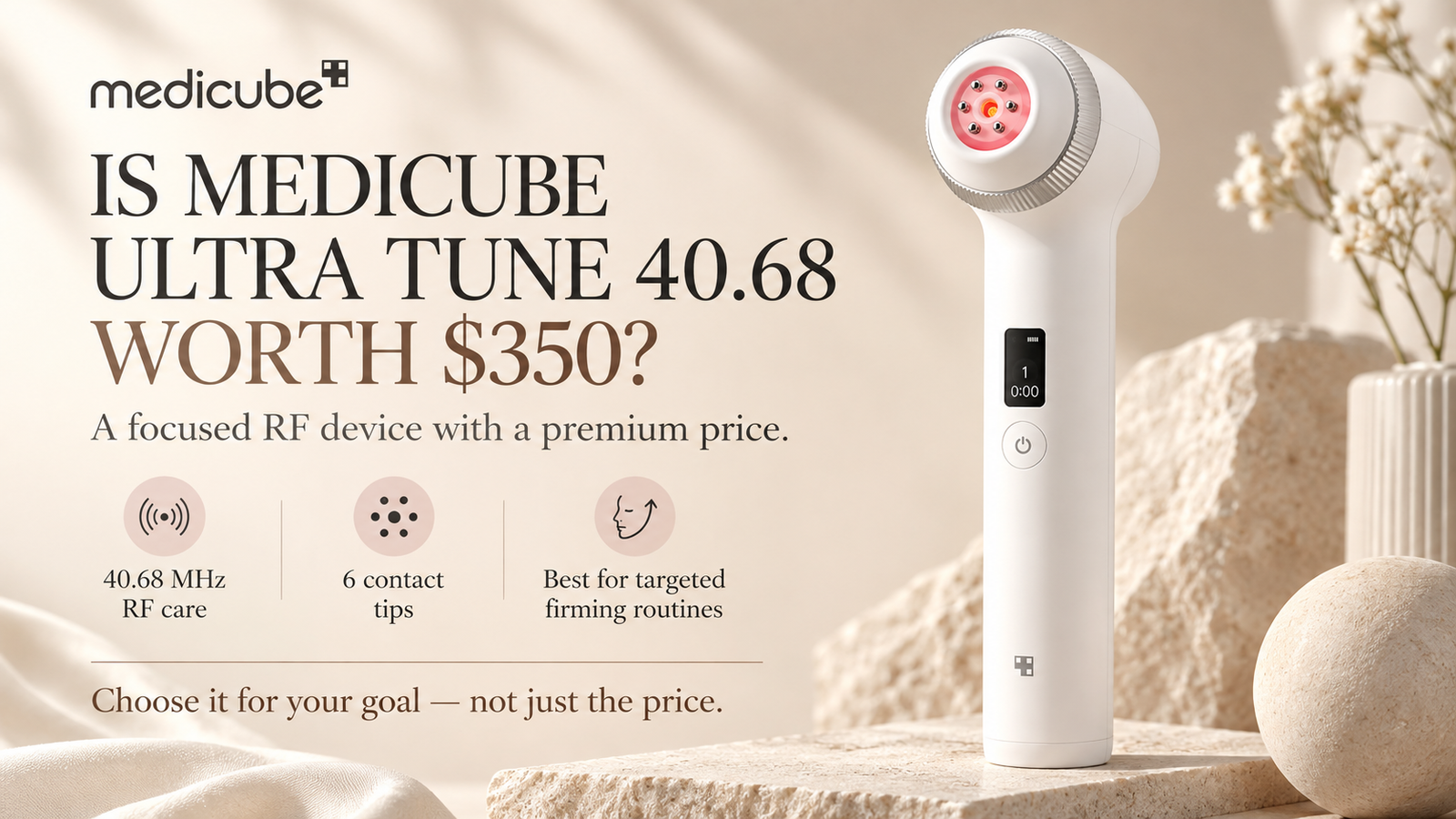 Medicube Ultra Tune 40.68 review showing the six-tip RF beauty device and 40.68 MHz treatment head