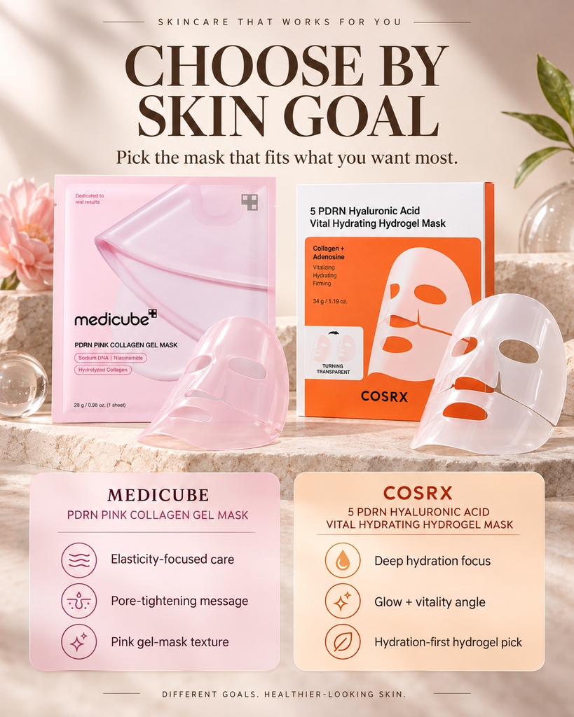 Medicube vs COSRX PDRN mask guide comparing which hydrogel mask fits different skin goals