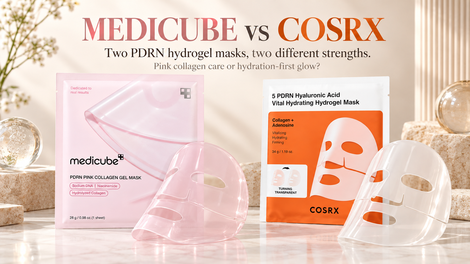 Medicube vs COSRX PDRN mask comparison featuring both hydrogel masks and product packaging