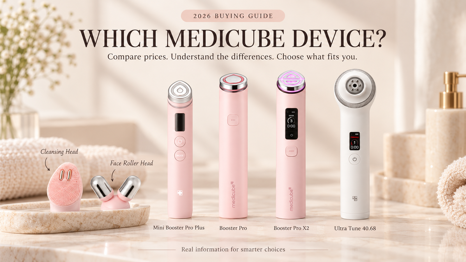 Which Medicube device should you buy in 2026 comparison of Mini Booster Pro Plus, Booster Pro, Booster Pro X2 and Ultra Tune 40.68